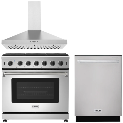 THOR Kitchen Package - 36" Natural Gas Range, Wall Mount Range Hood, Dishwasher, AP-LRG3601U-TRH3635-3