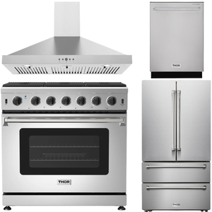 THOR Kitchen Package - 36" Natural Gas Range, Wall Mount Range Hood, Dishwasher, 36" French Door Refrigerator with Ice Maker, AP-LRG3601U-TRH3635-4R