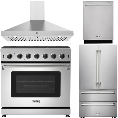 THOR Kitchen Package - 36" Natural Gas Range, Wall Mount Range Hood, Dishwasher, 36" French Door Refrigerator with Ice Maker, AP-LRG3601U-TRH3635-4R