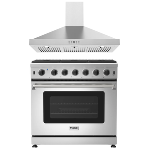 THOR Kitchen Package - 36" Natural Gas Range, Wall Mount Range Hood, AP-LRG3601U-TRH3635