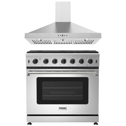 THOR Kitchen Package - 36" Natural Gas Range, Wall Mount Range Hood, AP-LRG3601U-TRH3635