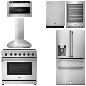 THOR Kitchen Package - 36 Inch Gas Range, Range Hood, Microwave, Refrigerator with Fridge and Ice Maker, Dishwasher, Wine Cooler, AP-LRG3601U-W-10