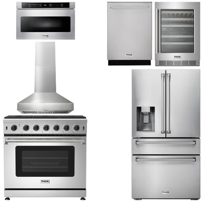 THOR Kitchen Package - 36 Inch Gas Range, Range Hood, Microwave, Refrigerator with Fridge and Ice Maker, Dishwasher, Wine Cooler, AP-LRG3601U-W-10