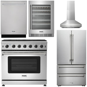 THOR Kitchen Package - 36 In Gas Range, Range Hood, Refrigerator, Dishwasher, Wine Cooler, AP-LRG3601U-W-3