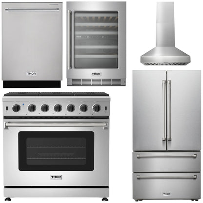 THOR Kitchen Package - 36 In Gas Range, Range Hood, Refrigerator, Dishwasher, Wine Cooler, AP-LRG3601U-W-3