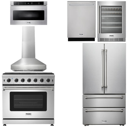 THOR Kitchen Package - 36" Gas Range, Range Hood, Microwave, Refrigerator, Dishwasher, Wine Cooler, AP-LRG3601U-W-6