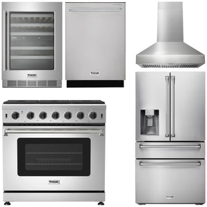 THOR Kitchen Package - 36 Inch Gas Range, Range Hood, Refrigerator with Water and Ice Dispenser, Dishwasher, Wine Cooler, AP-LRG3601U-W-8