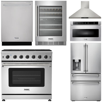 THOR Kitchen Package - 36" Propane Gas Range, Range Hood, Microwave, Refrigerator with Fridge and Ice Maker, Dishwasher, Wine Cooler, AP-LRG3601ULP-14
