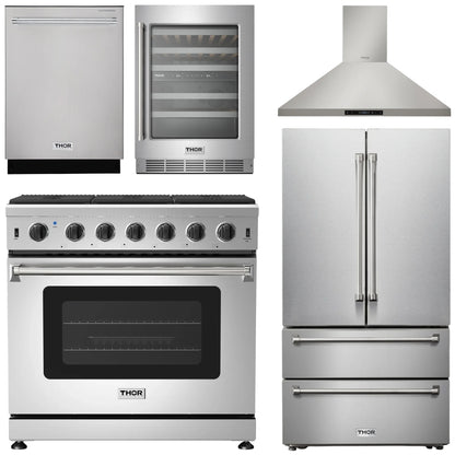 THOR Kitchen Package - 36" Propane Gas Range, Range Hood, Refrigerator, Dishwasher, Wine Cooler, AP-LRG3601ULP-4