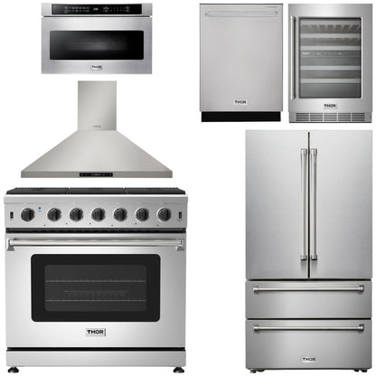 THOR Kitchen Package - 36" Propane Gas Range, Range Hood, Microwave, Refrigerator, Dishwasher, Wine Cooler, AP-LRG3601ULP-8