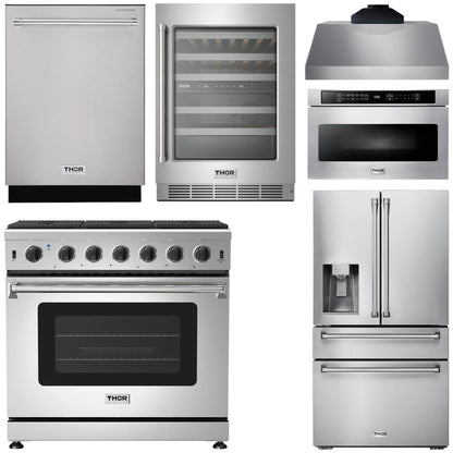 THOR Kitchen Package - 36" Propane Gas Range, Range Hood, Microwave, Refrigerator with Fridge and Ice Maker, Dishwasher, Wine Cooler