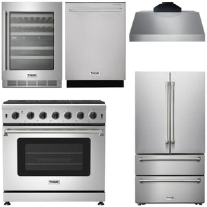 THOR Kitchen Package - 36" Propane Gas Range, Range Hood, Refrigerator, Dishwasher, Wine Cooler, AP-LRG3601ULP-C-3