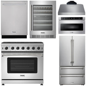 THOR Kitchen Package - 36" Propane Gas Range, Range Hood, Microwave, Refrigerator, Dishwasher, Wine Cooler, AP-LRG3601ULP-C-6