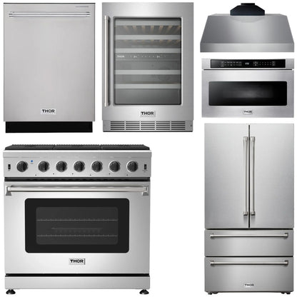 THOR Kitchen Package - 36" Propane Gas Range, Range Hood, Microwave, Refrigerator, Dishwasher, Wine Cooler, AP-LRG3601ULP-C-6