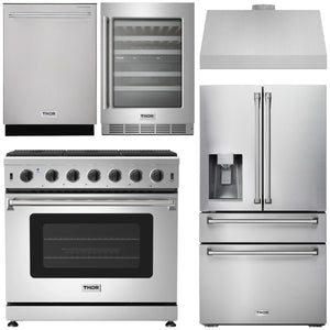 THOR Kitchen Package - 36" Propane Gas Range, Range Hood, Refrigerator with Water and Ice Dispenser, Dishwasher, Wine Cooler, AP-LRG3601ULP-C-8