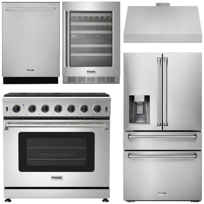 THOR Kitchen Package - 36" Propane Gas Range, Range Hood, Refrigerator with Water and Ice Dispenser, Dishwasher, Wine Cooler, AP-LRG3601ULP-C-8