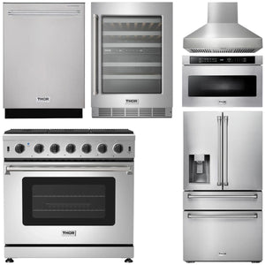 THOR Package - 36" Propane Gas Range, Range Hood, Microwave, Refrigerator with Fridge and Ice Maker, Dishwasher, Wine Cooler