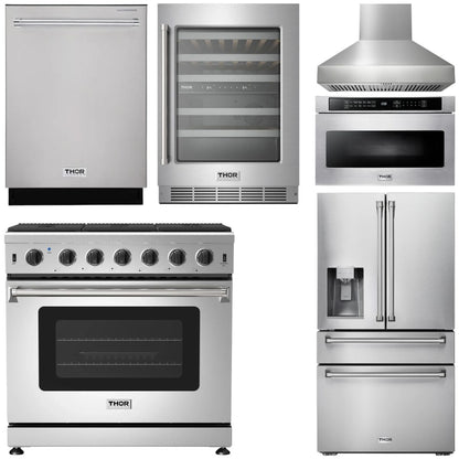 THOR Package - 36" Propane Gas Range, Range Hood, Microwave, Refrigerator with Fridge and Ice Maker, Dishwasher, Wine Cooler