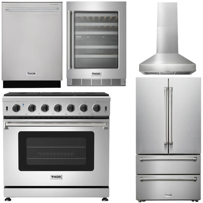 THOR Kitchen Package - 36" Propane Gas Range, Range Hood, Refrigerator, Dishwasher, Wine Cooler, AP-LRG3601ULP-W-3