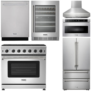 THOR Kitchen Package - 36 Inch Propane Gas Range, Range Hood, Microwave, Refrigerator, Dishwasher, Wine Cooler, AP-LRG3601ULP-W-6