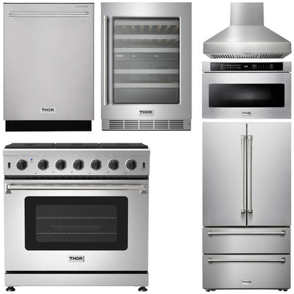 THOR Kitchen Package - 36 Inch Propane Gas Range, Range Hood, Microwave, Refrigerator, Dishwasher, Wine Cooler, AP-LRG3601ULP-W-6