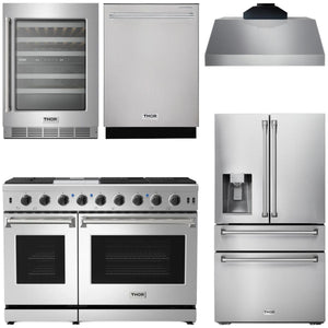 THOR Package - 48" Gas Range, Range Hood, Refrigerator with Water and Ice Dispenser, Dishwasher & Wine Cooler, AP-LRG4807U-11