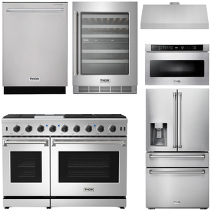 THOR Kitchen Package - 48" Gas Range, Range Hood, Refrigerator with Water and Ice Dispenser, Dishwasher, Wine Cooler, Microwave, AP-LRG4807U-14