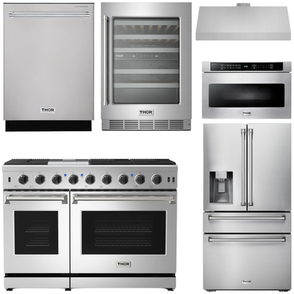 THOR Kitchen Package - 48" Gas Range, Range Hood, Refrigerator with Water and Ice Dispenser, Dishwasher, Wine Cooler, Microwave, AP-LRG4807U-14
