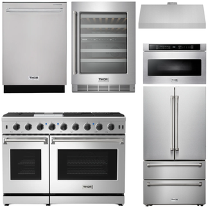 THOR Kitchen Package - 48" Gas Range, Range Hood, Refrigerator, Dishwasher, Wine Cooler, Microwave, AP-LRG4807U-8