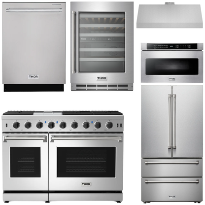 THOR Kitchen Package - 48" Gas Range, Range Hood, Refrigerator, Dishwasher, Wine Cooler, Microwave, AP-LRG4807U-8