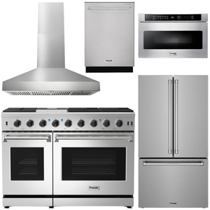 THOR Kitchen Package - 48" Natural Gas Range, Wall Mount Range Hood, 36" French Door Refrigerator with Ice Maker & Water Dispenser, Dishwasher, 24" Microwave Drawer, AP-LRG4807U-FD-5