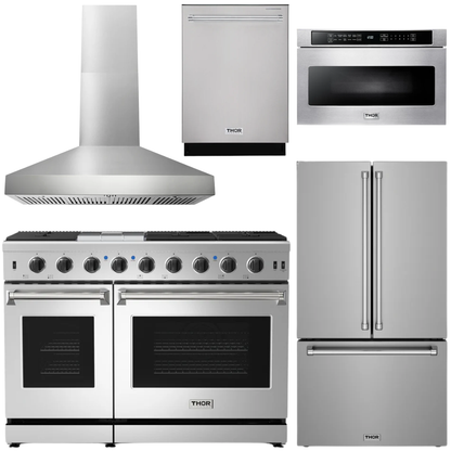 THOR Kitchen Package - 48" Natural Gas Range, Wall Mount Range Hood, 36" French Door Refrigerator with Ice Maker & Water Dispenser, Dishwasher, 24" Microwave Drawer, AP-LRG4807U-FD-5