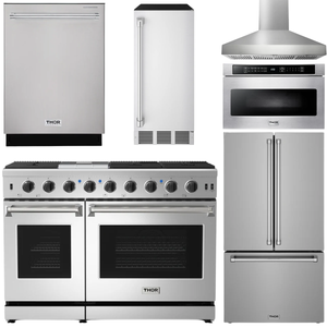 THOR Kitchen Package - 48" Natural Gas Range, Wall Mount Range Hood, 36" French Door Refrigerator with Ice Maker & Water Dispenser, Dishwasher, 24" Microwave Drawer, Ice Maker, AP-LRG4807U-FD-6I