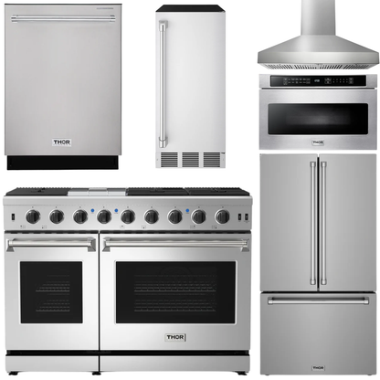 THOR Kitchen Package - 48" Natural Gas Range, Wall Mount Range Hood, 36" French Door Refrigerator with Ice Maker & Water Dispenser, Dishwasher, 24" Microwave Drawer, Ice Maker, AP-LRG4807U-FD-6I