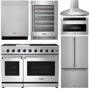 THOR Kitchen Package - 48" Natural Gas Range, Wall Mount Range Hood, 36" French Door Refrigerator with Ice Maker & Water Dispenser, Dishwasher, 24" Microwave Drawer, Wine Cooler, AP-LRG4807U-FD-6W