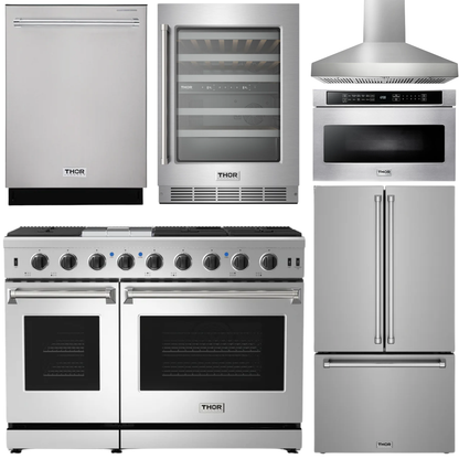 THOR Kitchen Package - 48" Natural Gas Range, Wall Mount Range Hood, 36" French Door Refrigerator with Ice Maker & Water Dispenser, Dishwasher, 24" Microwave Drawer, Wine Cooler, AP-LRG4807U-FD-6W