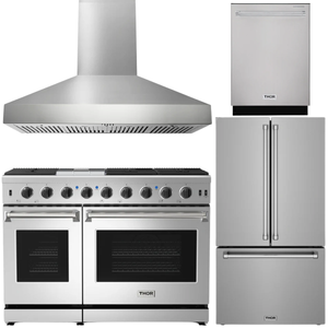 THOR Kitchen Package - 48" Natural Gas Range, Wall Mount Range Hood, 36" French Door Refrigerator with Ice Maker & Water Dispenser, Dishwasher, AP-LRG4807U-FD