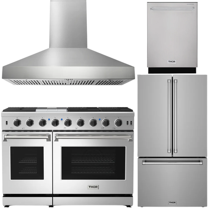THOR Kitchen Package - 48" Natural Gas Range, Wall Mount Range Hood, 36" French Door Refrigerator with Ice Maker & Water Dispenser, Dishwasher, AP-LRG4807U-FD