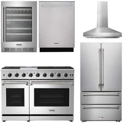 THOR Package - 48" Gas Range, Range Hood, Refrigerator, Dishwasher, Wine Cooler, AP-LRG4807U-W-3