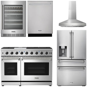 THOR Package - 48" Gas Range, Range Hood, Refrigerator with Water and Ice Dispenser, Dishwasher, Wine Cooler, AP-LRG4807U-W-8