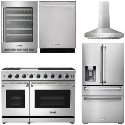 THOR Package - 48" Gas Range, Range Hood, Refrigerator with Water and Ice Dispenser, Dishwasher, Wine Cooler, AP-LRG4807U-W-8