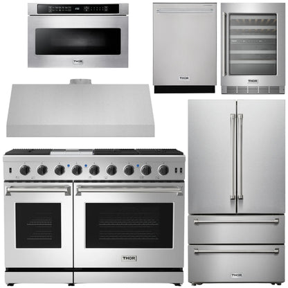 THOR Kitchen Package - 48" Propane Gas Range, Range Hood, Refrigerator, Dishwasher, Wine Cooler, Microwave, AP-LRG4807ULP-8