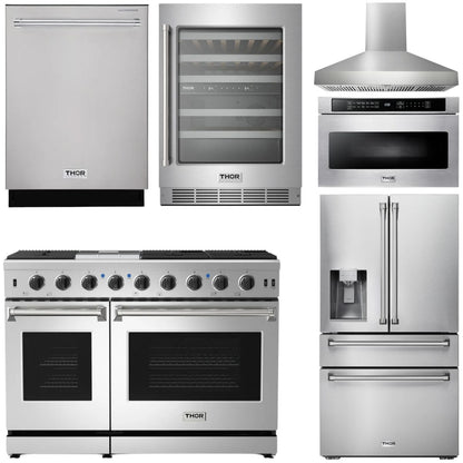 THOR Kitchen Package - 48" Propane Gas Range, Range Hood, Refrigerator, Dishwasher, Wine Cooler, Microwave