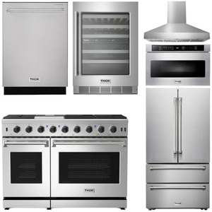 THOR Kitchen Package - 48" Propane Gas Range, Range Hood, Refrigerator, Dishwasher, Wine Cooler, Microwave, AP-LRG4807ULP-W-6