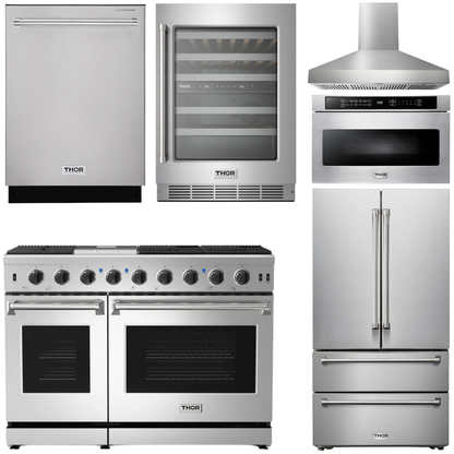 THOR Kitchen Package - 48" Propane Gas Range, Range Hood, Refrigerator, Dishwasher, Wine Cooler, Microwave, AP-LRG4807ULP-W-6