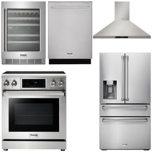 THOR Kitchen Package - 30" Electric Range, Range Hood, Refrigerator with Water and Ice Dispenser, Dishwasher, Wine Cooler, AP-TRE3001-11
