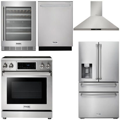 THOR Kitchen Package - 30" Electric Range, Range Hood, Refrigerator with Water and Ice Dispenser, Dishwasher, Wine Cooler, AP-TRE3001-11