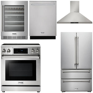 THOR Kitchen Package - 30" Electric Range, Range Hood, Refrigerator, Dishwasher, Wine Cooler, AP-TRE3001-4
