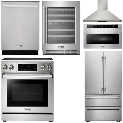 THOR Kitchen Package - 30" Electric Range, Range Hood, Microwave, Refrigerator, Dishwasher, Wine Cooler, AP-TRE3001-8