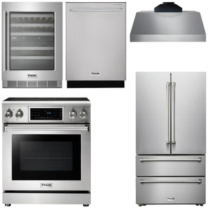 THOR Kitchen Package - 30" Electric Range, Range Hood, Refrigerator, Dishwasher, Wine Cooler, AP-TRE3001-C-3